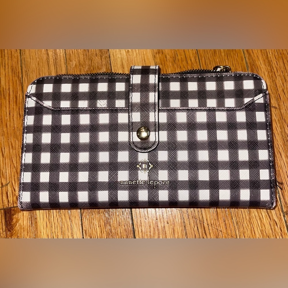Nanette Lepore Dark Gray & White Gingham Zip-Top Wallet